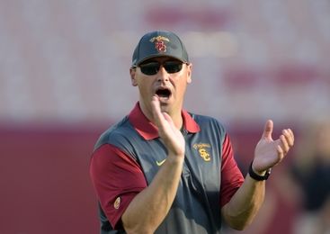 Oct 8, 2015; Los Angeles, CA, USA; Southern California Trojans coach Steve Sarkisian reacts before the game against the Washington Huskies at Los Angeles Memorial Coliseum. Mandatory Credit: Kirby Lee-USA TODAY Sports