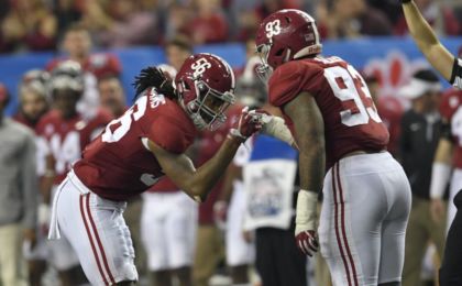 Dec 31, 2016; Atlanta, GA, USA; Alabama Crimson Tide linebacker Tim Williams (56) and defensive lineman Jonathan Allen (93) celebrate during the fourth quarter in the 2016 CFP semifinal against the Washington Huskies at the Peach Bowl at the Georgia Dome. Mandatory Credit: Dale Zanine-USA TODAY Sports