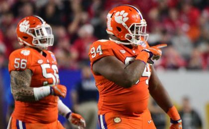 Dec 31, 2016; Glendale, AZ, USA; Clemson Tigers defensive tackle Carlos Watkins (94) reacts during the fourth quarter in the 2016 CFP semifinal against the Ohio State Buckeyes at University of Phoenix Stadium. Mandatory Credit: Matt Kartozian-USA TODAY Sports