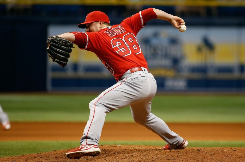 Jul 5, 2016; St. Petersburg, FL, USA; Los Angeles Angels relief pitcher Joe Smith (38) throws a pitch at Tropicana Field. Mandatory Credit: Kim Klement-USA TODAY Sports