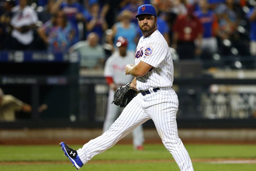 Aug 27, 2016; New York City, NY, USA; New York Mets relief pitcher Josh Smoker (59) reacts after the last out in the ninth inning against the Philadelphia Phillies at Citi Field. Mandatory Credit: Noah K. Murray-USA TODAY Sports