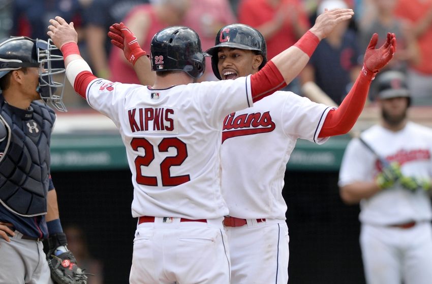 Aug 4, 2016; Cleveland, OH, USA; Cleveland Indians second baseman Jason Kipnis (22) and shortstop <a rel=