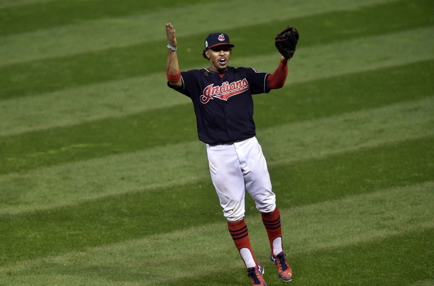 Nov 2, 2016; Cleveland, OH, USA; Cleveland Indians shortstop Francisco Lindor (12) reacts after throwing out Chicago Cubs center fielder <a rel=