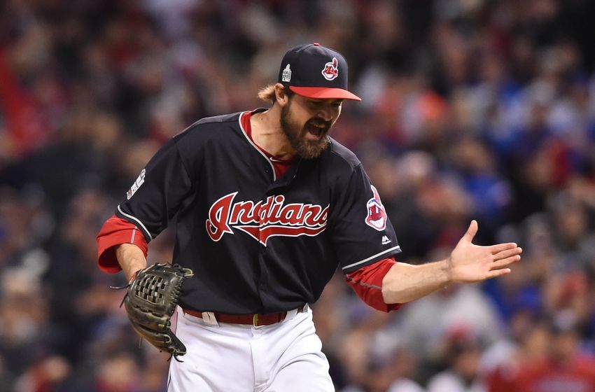 Oct 25, 2016; Cleveland, OH, USA; Cleveland Indians relief pitcher Andrew Miller reacts after striking out Chicago Cubs catcher <a rel=