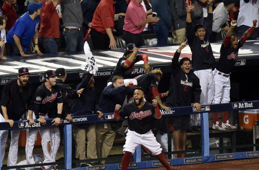 Nov 2, 2016; Cleveland, OH, USA; Cleveland Indians players including <a rel=