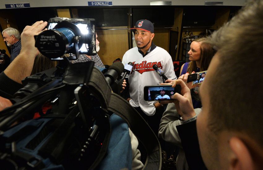 Jan 5, 2017; Cleveland, OH, USA; Newly acquired Cleveland Indians player <a rel=