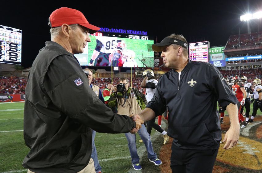 Dec 11, 2016; Tampa, FL, USA; Tampa Bay Buccaneers head coach Dirk Koetter and New Orleans Saints head coach <a rel=