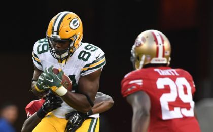 August 26, 2016; Santa Clara, CA, USA; Green Bay Packers tight end Jared Cook (89) runs with the football against San Francisco 49ers strong safety <a rel=