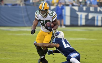 Nov 13, 2016; Nashville, TN, USA; Green Bay Packers wide receiver Ty Montgomery (88) is tackled by Tennessee Titans defensive back Valentino Blake (47) during the second half at Nissan Stadium. Tennessee defeated Green Bay 47-25. Mandatory Credit: <a rel=