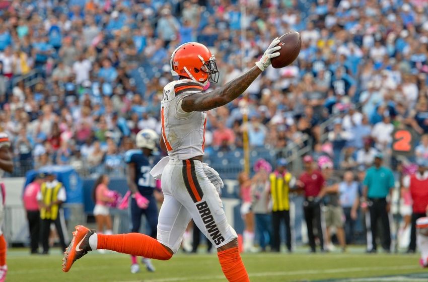 Oct 16, 2016; Nashville, TN, USA; Cleveland Browns wide receiver Terrelle Pryor (11) spikes the ball after scores a touchdown against the Tennessee Titans during the second half at Nissan Stadium. Tennessee won 28-26. Mandatory Credit: <a rel=