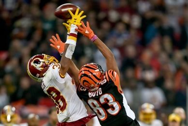 Oct 30, 2016; London, United Kingdom; Washington Redskins cornerback Kendall Fuller (38) breaks up a pass to Cincinnati Bengals wide receiver Tyler Boyd (83) during the third quarter at Wembley Stadium. Mandatory Credit: Steve Flynn-USA TODAY Sports