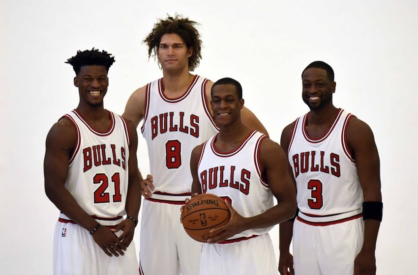 Sep 26, 2016; Chicago, IL, USA; Chicago Bulls guard Jimmy Butler (21) center Robin Lopez (8) guard Rajon Rondo (9) and guard Dwayne Wade (3) pose for a photo during Bulls media day at The Advocate Center. Mandatory Credit: David Banks-USA TODAY Sports