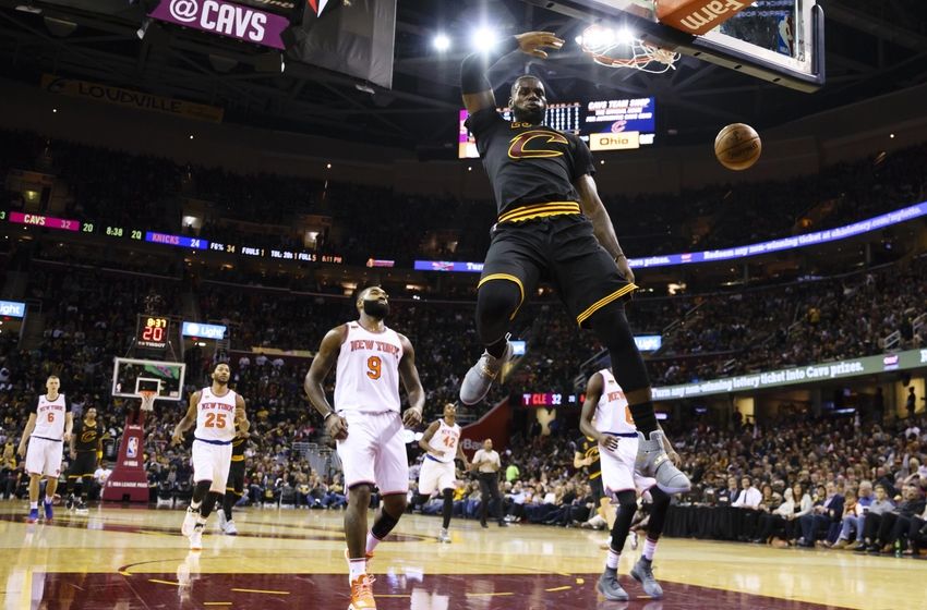 Oct 25, 2016; Cleveland, OH, USA; Cleveland Cavaliers forward LeBron James (23) dunks in the first half against the New York Knicks at Quicken Loans Arena. Mandatory Credit: Rick Osentoski-USA TODAY Sports