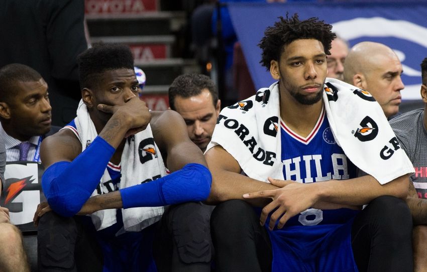 Oct 30, 2015; Philadelphia, PA, USA; Philadelphia 76ers center Nerlens Noel (left) and center <a rel=