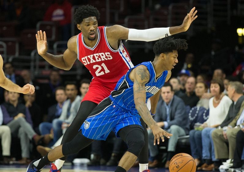 Nov 1, 2016; Philadelphia, PA, USA; Philadelphia 76ers center Joel Embiid (21) defends against Orlando Magic guard <a rel=