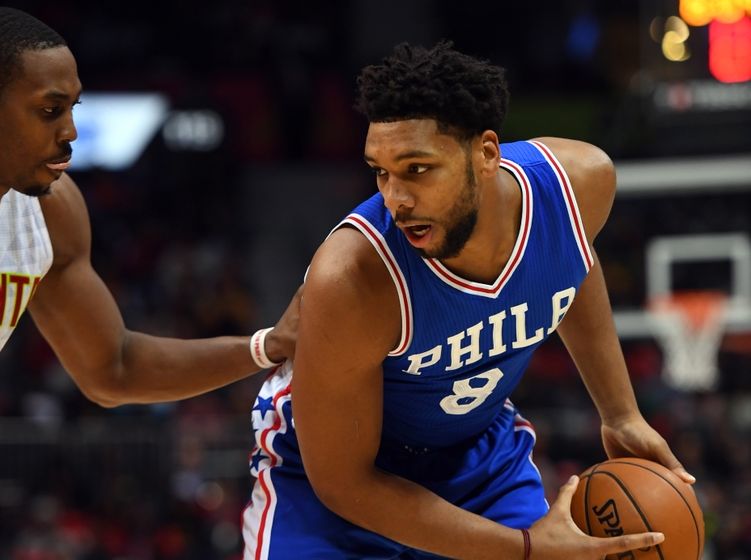 Nov 12, 2016; Atlanta, GA, USA; Philadelphia 76ers center Jahlil Okafor (8) works against Atlanta Hawks center <a rel=