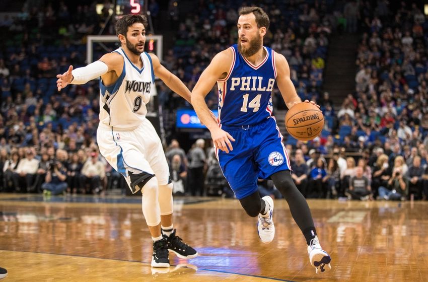 Nov 17, 2016; Minneapolis, MN, USA; Philadelphia 76ers guard Sergio Rodriguez (14) dribbles the ball past Minnesota Timberwolves guard <a rel=