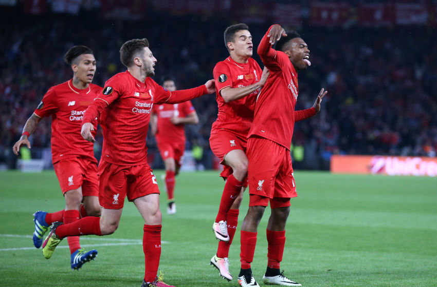 BASEL, SWITZERLAND - MAY 18:  Daniel Sturridge (1st R) of Liverpool celebrates scoring his team's first goal with his team mates Roberto Firmino (1st L), Adam Lallana (2nd L) and Philippe Coutinho (2nd R) during the UEFA Europa League Final match between Liverpool and Sevilla at St. Jakob-Park on May 18, 2016 in Basel, Switzerland.  (Photo by Lars Baron/Getty Images)