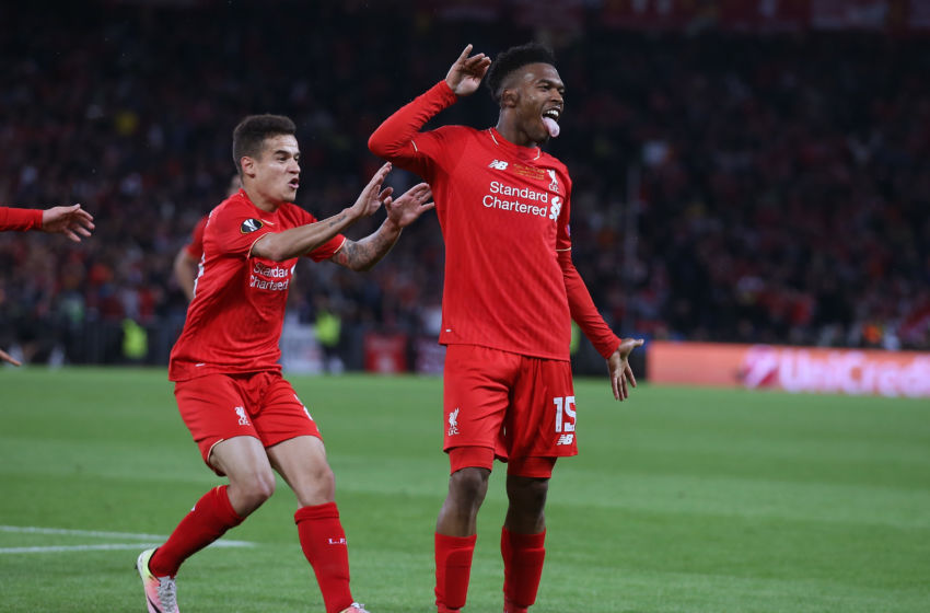 BASEL, SWITZERLAND - MAY 18: Daniel Sturridge (R) of Liverpool celebrates scoring his team's first goal with his team mate Philippe Coutinho (L) during the UEFA Europa League Final match between Liverpool and Sevilla at St. Jakob-Park on May 18, 2016 in Basel, Switzerland. (Photo by Lars Baron/Getty Images)