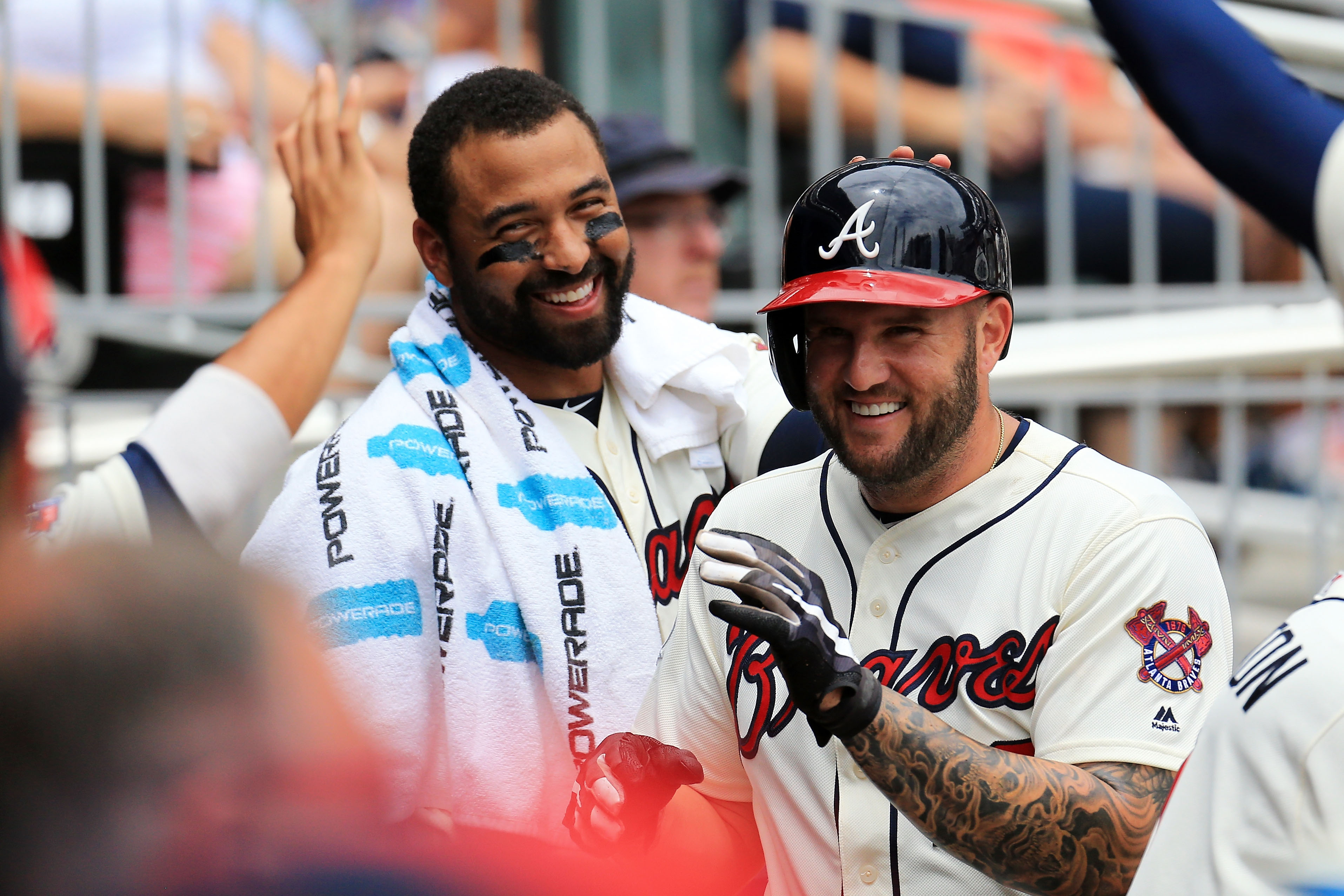 Matt Adams Of The Atlanta Braves Celebrates Scoring During The First Inning Against The Arizona 1028