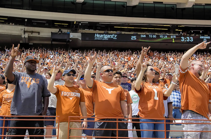 Apr 15, 2017; Austin, TX, USA; Texas Longhorns fans during the Texas orange-white spring game at Darrell K Royal-Texas Memorial Stadium. Mandatory Credit: John Gutierrez-USA TODAY Sports