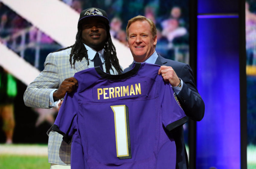 Apr 30, 2015; Chicago, IL, USA; Breshad Perriman (Central Florida) poses for a photo with NFL commissioner Roger Goodell after being selected as the number twenty-six overall pick to the Baltimore Ravens in the first round of the 2015 NFL Draft at the Auditorium Theatre of Roosevelt University. Mandatory Credit: Dennis Wierzbicki-USA TODAY Sports