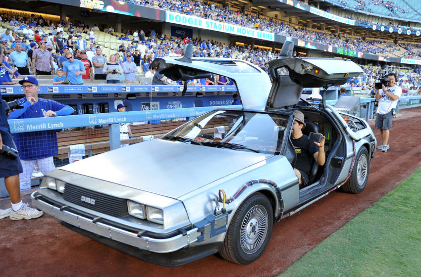 August 15, 2015; Los Angeles, CA, USA; The time vehicle from the film Back to the Future is rolled out onto the field before the Los Angeles Dodgers play against the Cincinnati Reds at Dodger Stadium. Mandatory Credit: Gary A. Vasquez-USA TODAY Sports