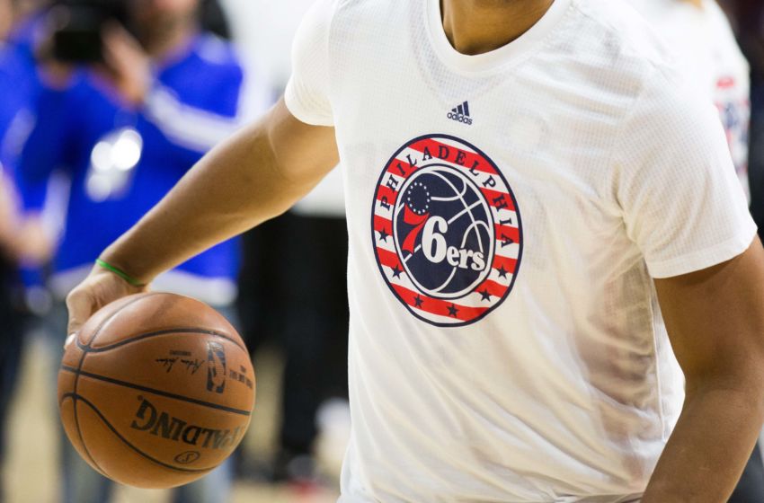 Nov 9, 2015; Philadelphia, PA, USA; The Philadelphia 76ers logo on the warm up shirt of center <a rel=