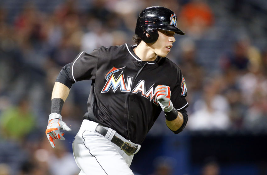 Los Angeles, California, USA. 20th May, 2017. Christian Yelich (Marlins)  MLB : Christian Yelich of the Miami Marlins during the Major League Baseball  game against the Los Angeles Dodgers at Dodger Stadium