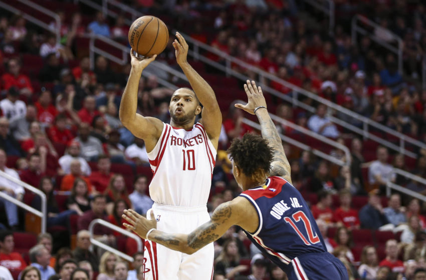 Jan 2, 2017; Houston, TX, USA; Houston Rockets guard Eric Gordon (10) shoots the ball during the second quarter as Washington Wizards forward <a rel=