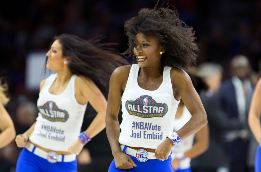 Jan 11, 2017; Philadelphia, PA, USA; Philadelphia 76ers dancers wear shirts promoting Philadelphia 76ers center <a rel=