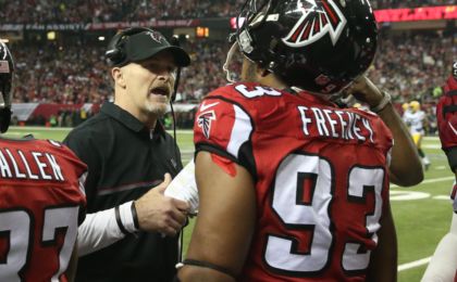 Jan 22, 2017; Atlanta, GA, USA; Atlanta Falcons head coach Dan Quinn speaks to defensive end Dwight Freeney (93) during the second quarter against the Green Bay Packers in the 2017 NFC Championship Game at the Georgia Dome. Mandatory Credit: Jason Getz-USA TODAY Sports