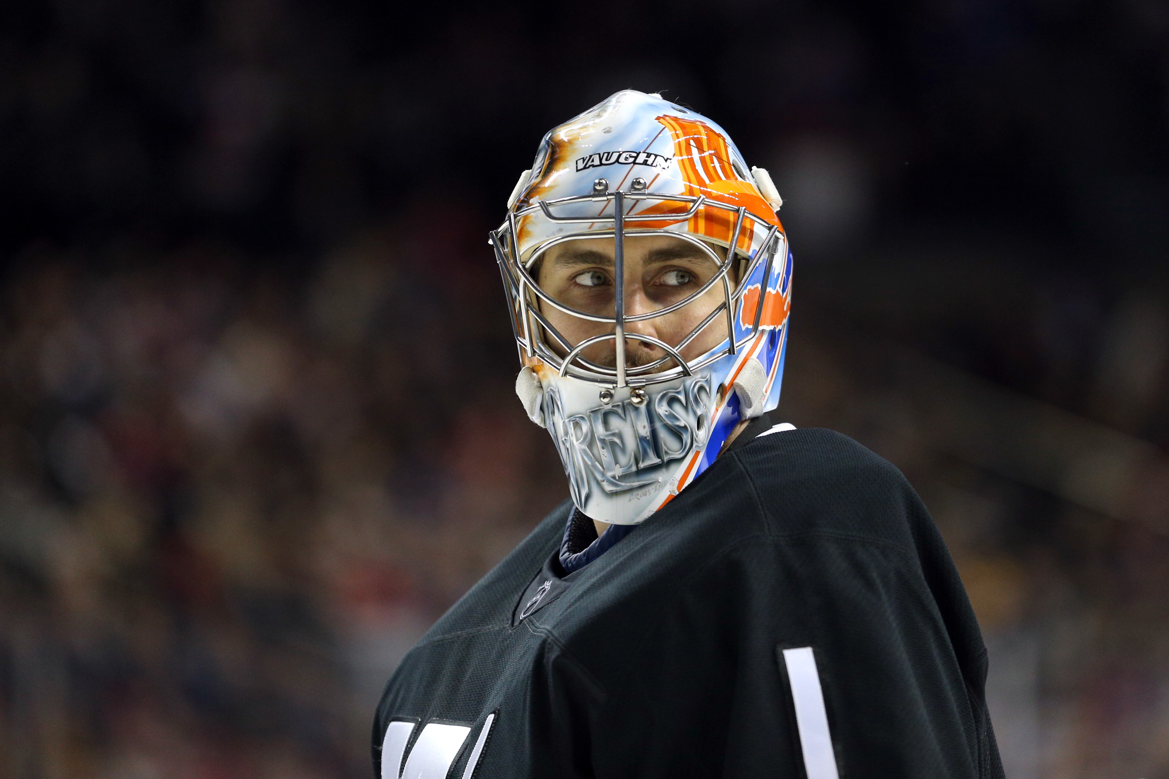 Jan 26, 2017; Brooklyn, NY, USA; New York Islanders goalie Thomas Greiss (1) looks into the stands during a stoppage in play against the Montreal Canadiens during the third period at Barclays Center. Mandatory Credit: Brad Penner-USA TODAY Sports