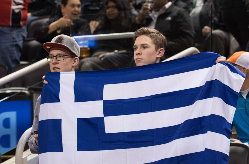 Jan 27, 2017; Toronto, Ontario, CAN; Fans show their support with a flag of Greece before a game between the Milwaukee Bucks and the Toronto Raptors at Air Canada Centre. The Toronto Raptors won 102-86. Mandatory Credit: Nick Turchiaro-USA TODAY Sports