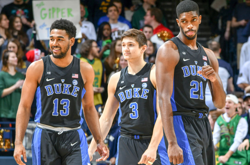 Jan 30, 2017; South Bend, IN, USA; Duke Blue Devils guard Matt Jones (13) guard Grayson Allen (3) and forward Amile Jefferson (21) take the court in the first half against the Duke Blue Devils at the Purcell Pavilion. Duke won 84-74. Mandatory Credit: Matt Cashore-USA TODAY Sports