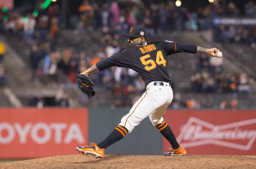 Mar 31, 2016; San Francisco, CA, USA; San Francisco Giants relief pitcher Sergio Romo (54) throws the ball in the ninth inning against the Oakland Athletics at AT&T Park. The Giants won 3-1. Mandatory Credit: Neville E. Guard-USA TODAY Sports