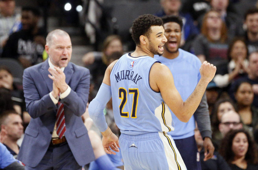 Jan 19, 2017; San Antonio, TX, USA; Denver Nuggets shooting guard Jamal Murray (27) reacts after a shot against the San Antonio Spurs during the first half at AT&T Center. Mandatory Credit: Soobum Im-USA TODAY Sports