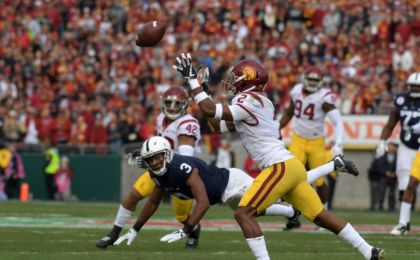 Jan 2, 2017; Pasadena, CA, USA; USC Trojans defensive back Adoree' Jackson (2) intercepts a pass intended for Penn State Nittany Lions wide receiver DeAndre Thompkins (3) the 103rd Rose Bowl against the Penn State Nittany Lions at Rose Bowl. USC defeated Penn State 52-49 in the highest scoring game in Rose Bowl history. Mandatory Credit: Kirby Lee-USA TODAY Sports