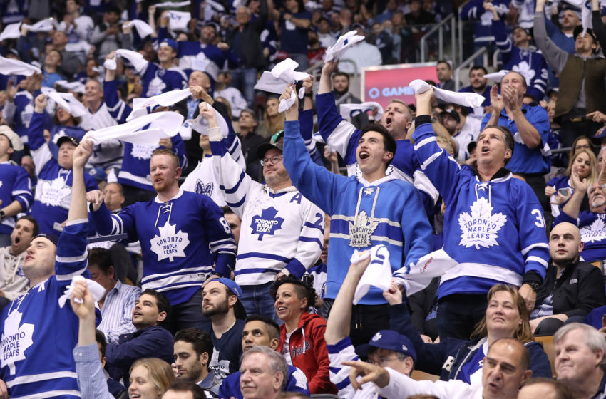 Apr 23, 2017; Toronto, Ontario, CAN; Toronto Maple Leafs fans cheer during the game against the Washington Capitals in game six of the first round of the 2017 Stanley Cup Playoffs at Air Canada Centre. The Capitals beat the Maple Leafs 2-1 in overtime. Mandatory Credit: Tom Szczerbowski-USA TODAY Sports